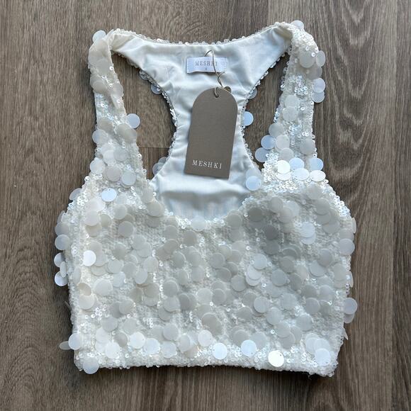 Meshki Maude Sequin Racer Crop Top Ivory Statement Party Small - Picture 10 of 16